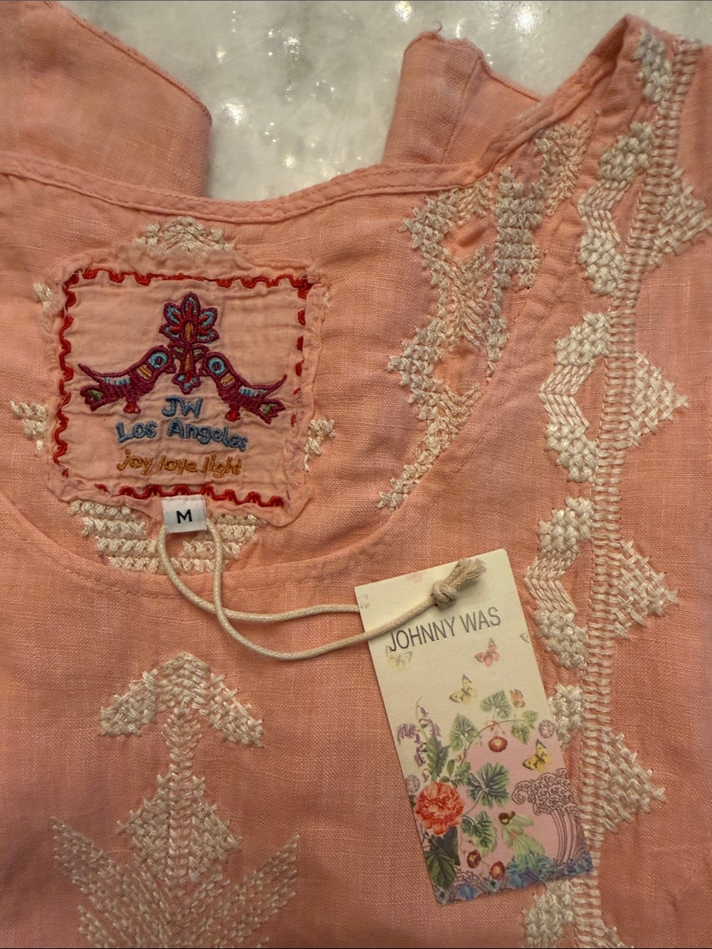 Johnny Was Los Angeles pink embroidered linen tunic dress size medium